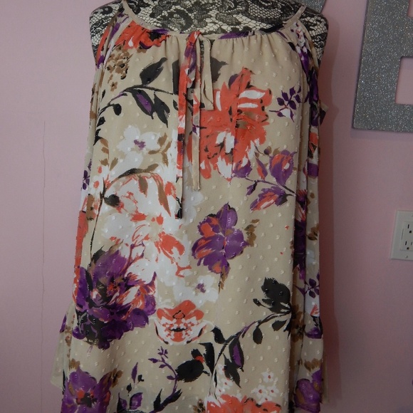 INC Textured Dot Floral Cold Shoulder Blouse Sz 14 - Picture 1 of 5